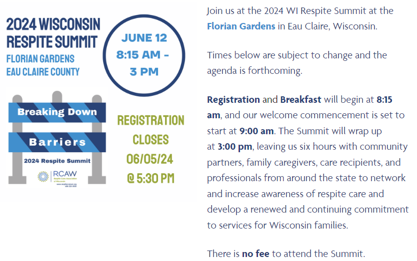 Respite Care Association of Wisconsin 2024 Respite Summit